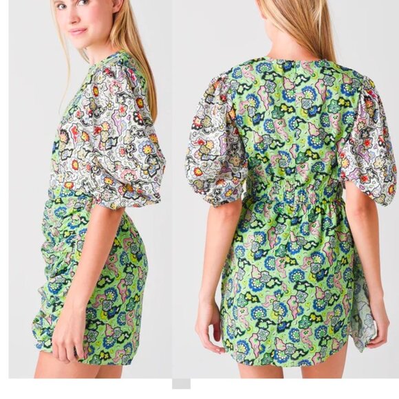 NEW $425 RHODE PIA SHIRRED MINI DRESS IN MOSAIC FLORAL GRASS PRINT SIZE M - Picture 2 of 7